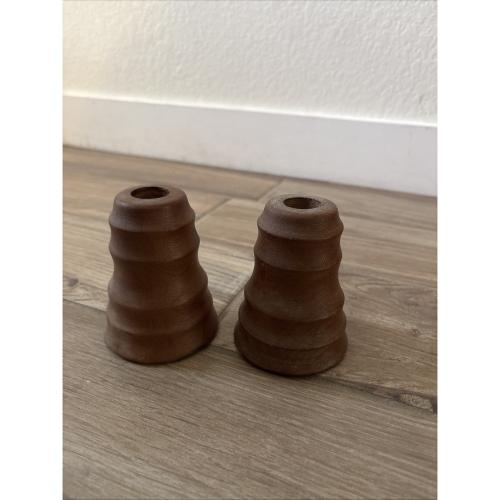 Vintage Set of 2 Hand Turned Wood Candle Holders 4" Mid-Century Modern Brown